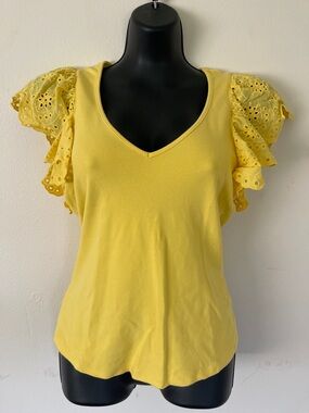 Boston Proper Yellow Eyelet Flutter-Sleeve V-Neck Tank